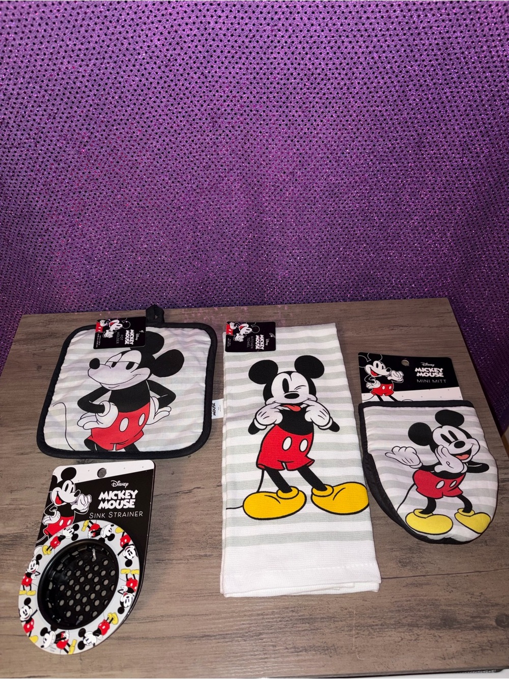 🆕💜 Disney Mickey Mouse Kitchen Bundle  | Towel Mitt Pot Holder Sink Strainer Set